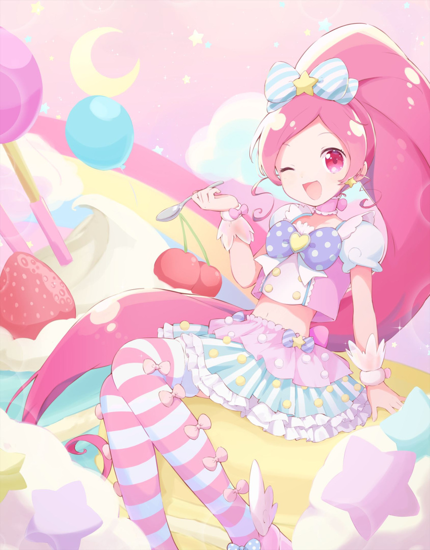 1girl ;d aizawa_zawapo balloon blue_skirt blush bow bowtie brooch buttons cherry choker commentary_request crescent crop_top cure_blossom double-breasted earrings feet_out_of_frame food frilled_skirt frills fruit hair_bow hanasaki_tsubomi hand_up heart heart_brooch heartcatch_precure! high_ponytail highres holding holding_spoon jewelry layered_skirt long_hair looking_at_viewer macaron midriff navel one_eye_closed open_mouth oversized_food parted_bangs pink_background pink_bow pink_choker pink_eyes pink_hair pink_shirt pink_skirt pink_thighhighs pleated_skirt polka_dot polka_dot_bow polka_dot_bowtie ponytail precure puffy_short_sleeves puffy_sleeves purple_bow purple_bowtie shirt short_sleeves sidelocks sitting skirt smile solo sparkle spoon star_(symbol) star_earrings stomach strawberry striped striped_bow striped_thighhighs thigh-highs very_long_hair whipped_cream wrist_cuffs