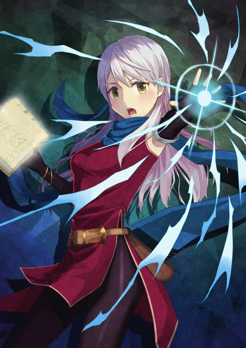 1girl bangle belt black_gloves black_leggings blue_scarf book bracelet dress elbow_gloves energy fingerless_gloves fire_emblem fire_emblem:_radiant_dawn foreshortening gloves grey_hair hair_ribbon half_updo highres holding holding_book jewelry leggings long_hair looking_at_viewer magic micaiah_(fire_emblem) open_mouth outstretched_arm outstretched_hand ribbon scarf side_slit sleeveless sleeveless_dress solo yellow_eyes yonaga_nagaduki