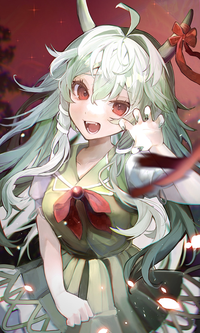 1girl absurdres ahoge blush bow collarbone dress ex-keine fangs fingernails green_dress green_hair green_nails guanylunba hair_between_eyes highres horn_bow horn_ornament horns kamishirasawa_keine long_hair nail_polish open_mouth red_bow red_eyes short_sleeves sidelocks solo touhou upper_body