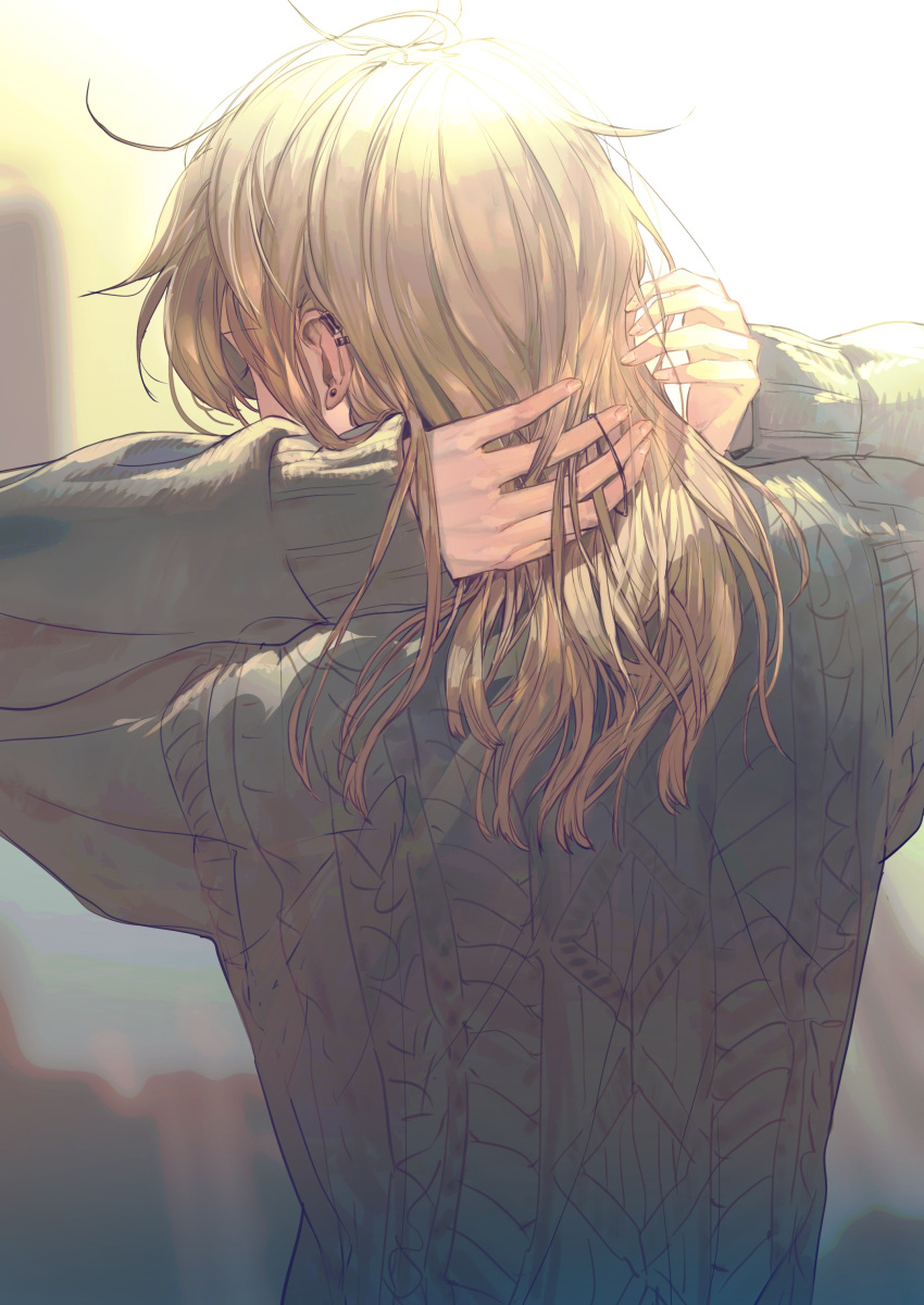 1boy absurdres ahoge androgynous cable_knit ear_piercing eyelashes from_behind grey_background grey_sweater hair_down hair_tie hand_in_own_hair highres kanae_(nijisanji) kyikyi light_brown_hair male_focus medium_hair multicolored_background nijisanji piercing solo sweater turtleneck turtleneck_sweater tying_hair virtual_youtuber white_background