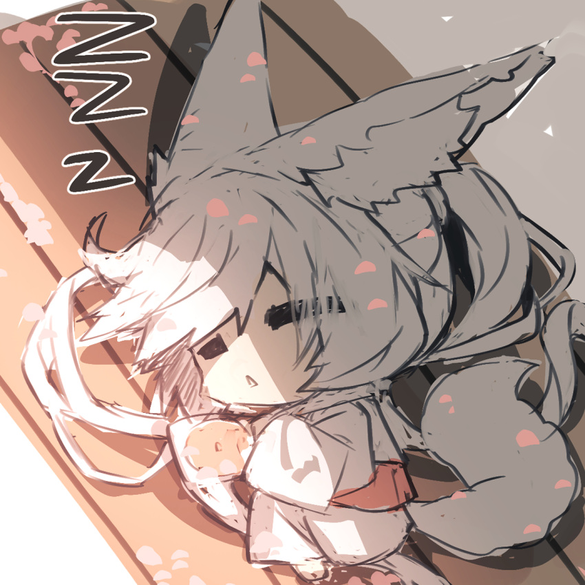 1girl :&lt; =_= animal_ear_fluff animal_ears chibi closed_eyes commentary_request fox_ears fox_girl fox_tail full_body highres japanese_clothes kimono long_hair long_sleeves lying obi on_side original parted_lips petals sash sketch solo tail triangle_mouth very_long_hair white_hair white_kimono wide_sleeves yuuji_(yukimimi) zzz