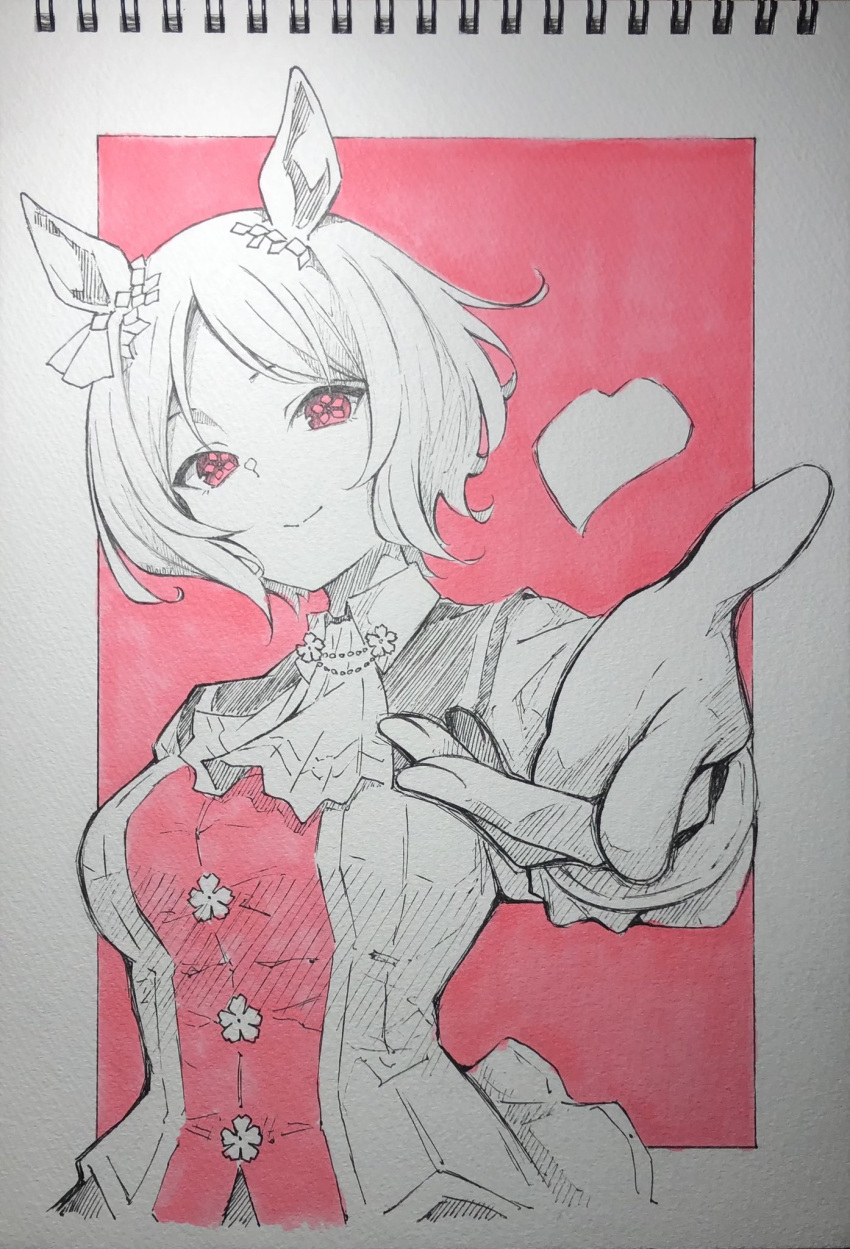 1girl animal_ears ascot border cherry_blossoms closed_mouth ear_ornament flower-shaped_pupils gloves greyscale highres horse_ears horse_girl limited_palette long_sleeves looking_at_viewer mizuiro_neko monochrome outstretched_hand pink_background sakura_laurel_(umamusume) short_hair solo symbol-shaped_pupils traditional_media umamusume white_border