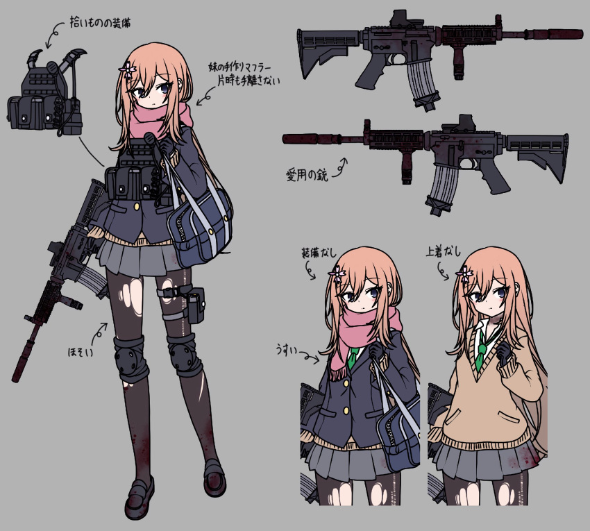 1girl arrow_(symbol) assault_rifle bag black_footwear black_gloves black_jacket black_pantyhose blazer blush brown_hair brown_sweater check_translation closed_mouth commentary_request den_noko flower fringe_trim gloves green_necktie grey_background grey_eyes grey_skirt gun hair_between_eyes hair_flower hair_ornament highres holding holding_gun holding_weapon jacket loafers long_sleeves m4_carbine multiple_views necktie original pantyhose partially_translated pink_flower pink_scarf pleated_skirt rifle rust scarf school_bag school_uniform shoes simple_background skirt sleeves_past_wrists sweater tactical_clothes torn_clothes torn_pantyhose translation_request vest weapon