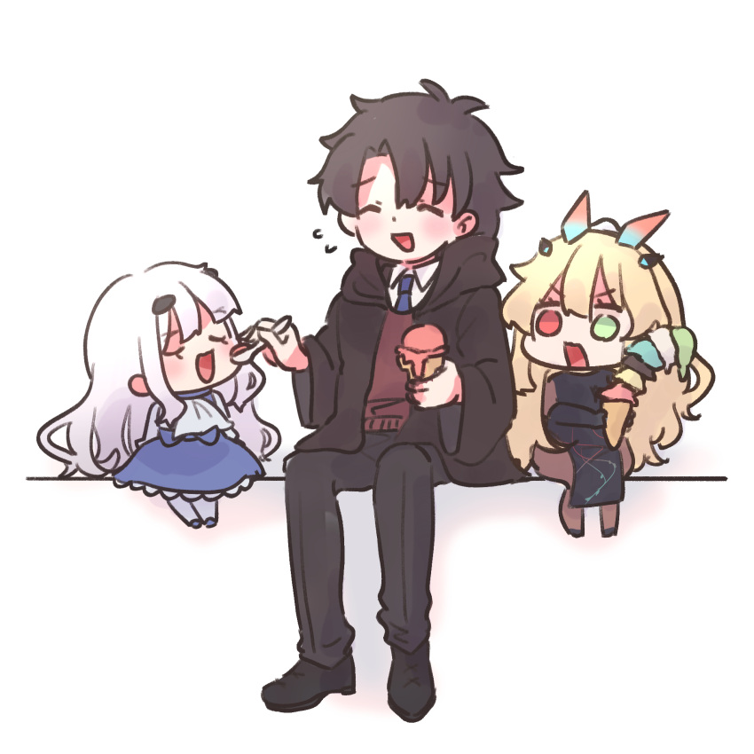 1boy 2girls black_hair blonde_hair closed_eyes dress eating fairy_knight_gawain_(fate) fairy_knight_lancelot_(fate) fate/grand_order fate_(series) food formal fujimaru_ritsuka_(male) green_eyes highres holding holding_food hood hoodie ice_cream long_hair looking_at_another multicolored_eyes multiple_girls necktie open_mouth red_eyes shigure_(ffrh7824) shirt short_hair sitting smile suit white_hair
