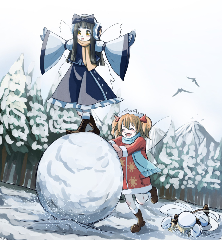 3girls alinoce716 black_hair blonde_hair blue_scarf closed_eyes earmuffs fairy_wings gloves hat highres long_hair luna_child mittens multiple_girls redhead scarf snow snowball star_sapphire sunny_milk touhou touhou_sangetsusei two_side_up white_headwear wings winter winter_clothes yellow_eyes yellow_scarf