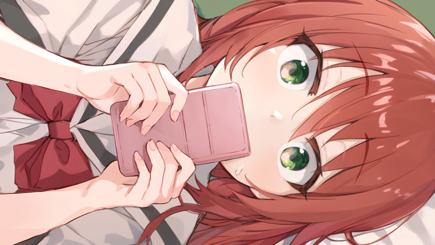 1girl ai-assisted bocchi_the_rock! bow cellphone commentary_request covering_mouth fingernails green_eyes hair_between_eyes hands_up head_on_pillow highres holding holding_phone kadohusa_ginpo kita_ikuyo long_hair looking_at_viewer lying on_side phone red_bow redhead sailor_collar school_uniform shirt sidelocks smartphone solo sweatdrop white_sailor_collar white_shirt wide-eyed