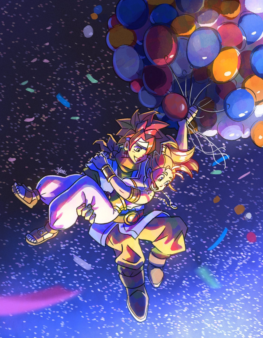 1boy 1girl armlet balloon bare_shoulders blue_tunic boots bracer carrying chrono_trigger confetti crono_(chrono_trigger) emi-bianchi full_body gold_trim grin headband highres holding holding_balloon jewelry marle_(chrono_trigger) necklace open_mouth orange_hair orange_pants orange_scarf pants pendant ponytail princess_carry redhead sandals scarf shirt smile spiky_hair strapless teeth tube_top white_headband white_pants white_shirt
