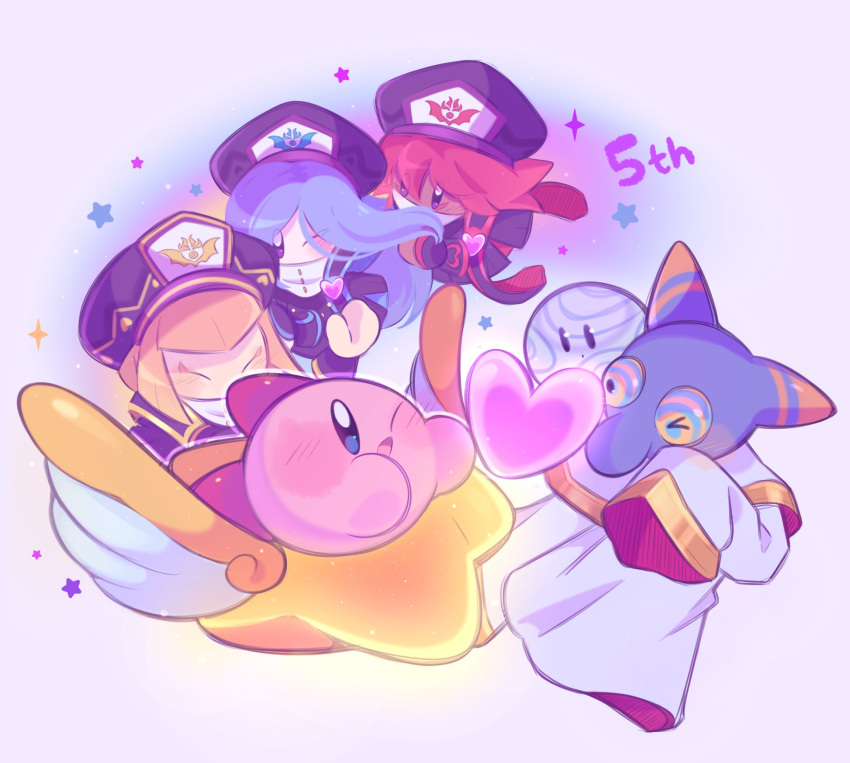 1boy 2others 3girls anniversary blonde_hair blue_hair blush_stickers closed_eyes colored_skin disembodied_limb fafameow flamberge_(kirby) francisca_(kirby) friend_star hat heart highres hyness kirby:_star_allies kirby_(series) looking_at_another military_hat one_eye_closed open_mouth pink_skin redhead solid_oval_eyes star_(symbol) void_soul zan_partizanne