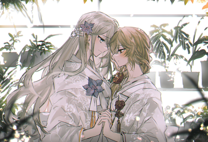 2girls blonde_hair blush braid camellia chinese_knot closed_mouth floral_print flower french_braid from_side greenhouse half-closed_eyes highres holding_hands indoors japanese_clothes kimono long_hair long_sleeves low_ponytail multiple_girls original plant potted_plant red_flower remsrar tassel very_long_hair white_hair white_kimono wide_sleeves yuri