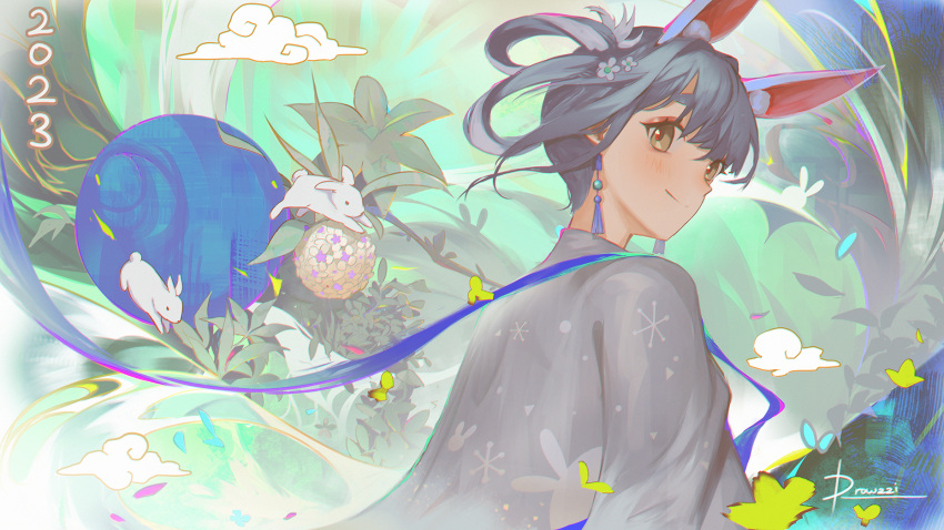 1girl alternate_hairstyle animal_ears artist_name blue_hair brown_eyes chinese_clothes chinese_new_year clip_studio_paint_(medium) clouds commentary dated drowzzi earrings english_commentary flower hair_flower hair_ornament highres hololive jewelry long_hair looking_at_viewer looking_back petals rabbit rabbit_ears rabbit_girl smile usada_pekora virtual_youtuber white_rabbit_(animal)