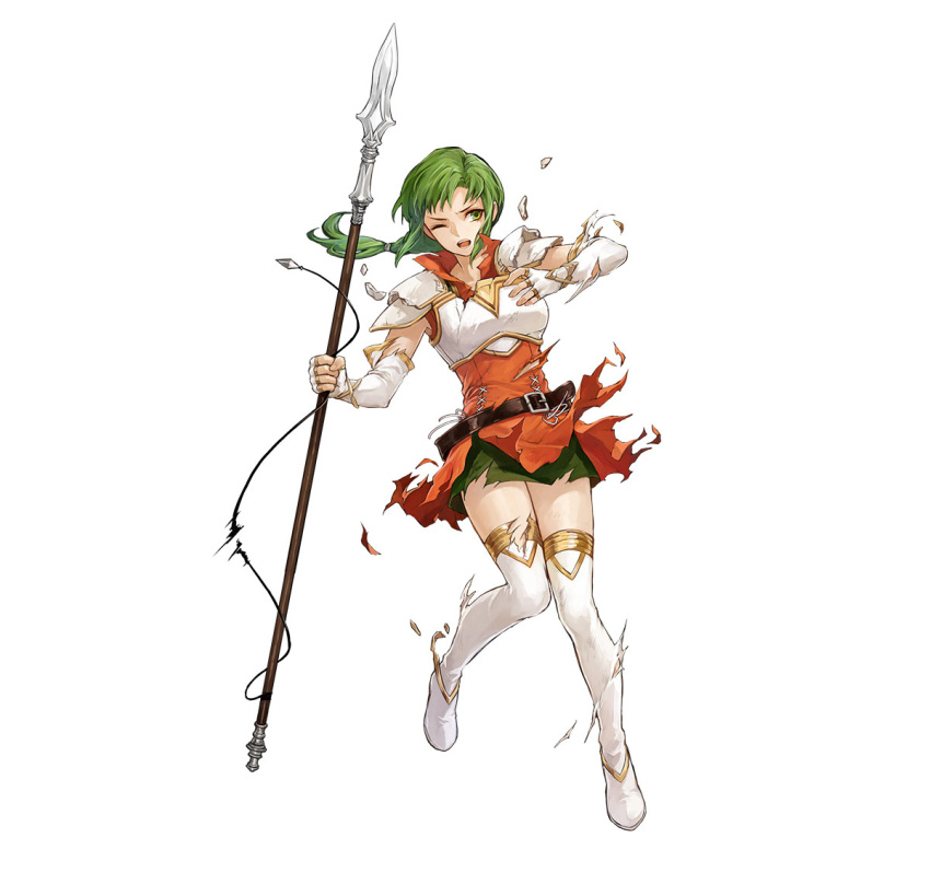 1girl armor boots braid braided_ponytail breastplate breasts damaged dress fingerless_gloves fire_emblem fire_emblem:_the_sacred_stones fire_emblem_heroes gloves green_eyes green_hair high_heel_boots high_heels holding holding_polearm holding_weapon long_hair low_ponytail non-web_source official_art one_eye_closed open_mouth orange_dress polearm shorts shorts_under_skirt small_breasts solo teeth thigh_boots thigh_shorts torn_cloth torn_clothes torn_dress torn_shorts v-shaped_eyebrows vanessa_(fire_emblem) weapon white_background white_footwear white_gloves
