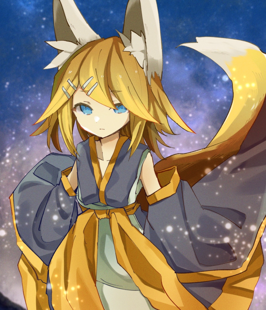 1girl alternate_costume amatsu_kitsune_(vocaloid) animal_ears black_kimono blonde_hair blue_eyes closed_mouth commentary detached_sleeves fox_ears fox_tail highres housuke_(flb66i2qnuqy63f) japanese_clothes kagamine_rin kimono light_particles looking_at_viewer medium_hair night night_sky sky solo tail vocaloid