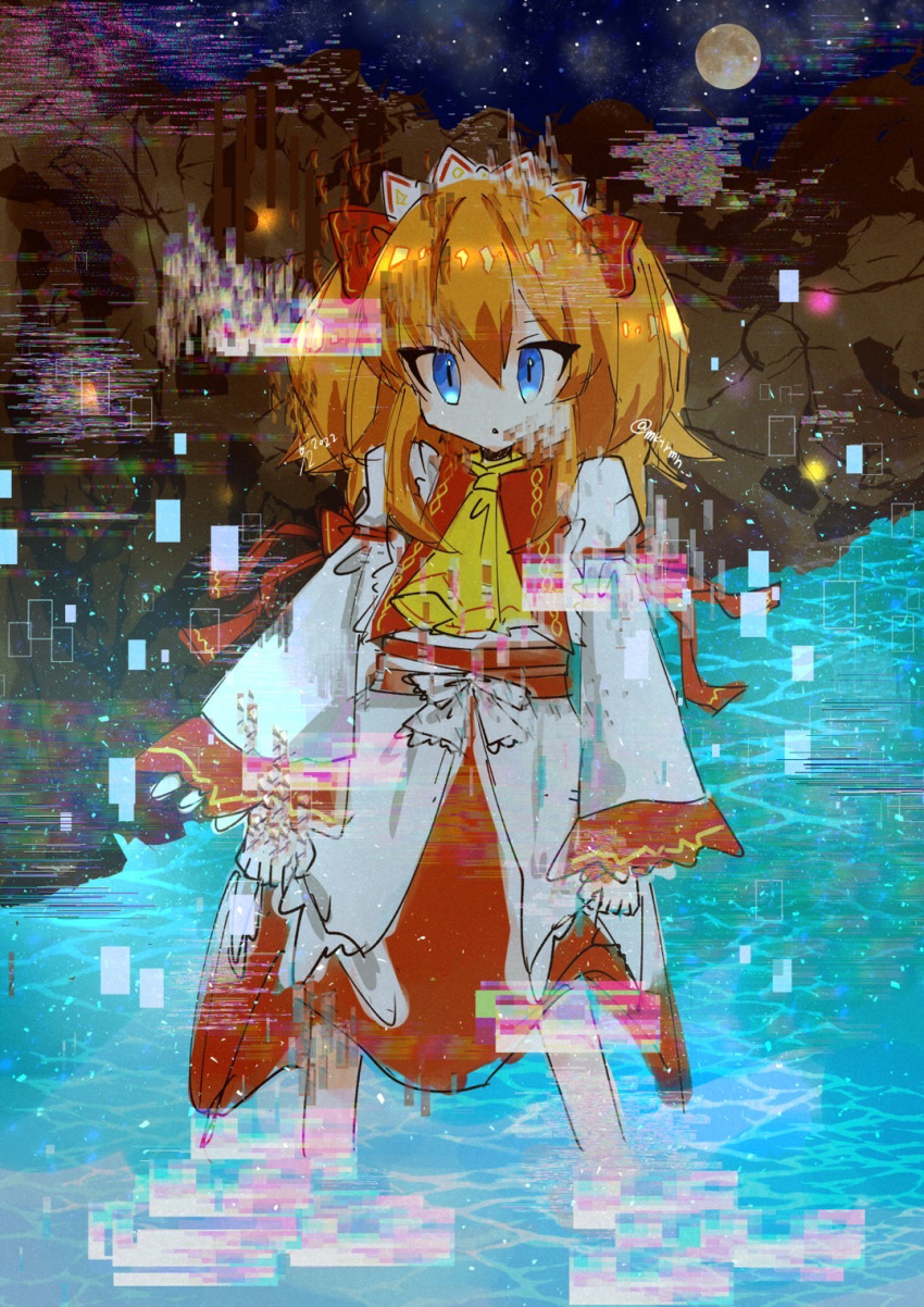 :o ascot blue_eyes dress glitch hair_ribbon highres long_sleeves moon night night_sky on_water one-hour_drawing_challenge red_dress red_ribbon redhead ribbon sky standing standing_on_liquid sunny_milk suolu01 tiara touhou two_side_up yellow_ascot