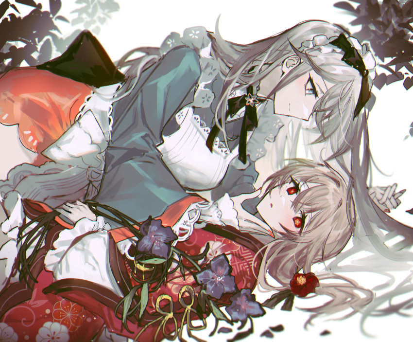 2girls back_bow black_bow blue_flower blue_kimono bow brown_hair flower flower-shaped_pupils hair_between_eyes hair_bow hair_flower hair_ornament highres holding_hands japanese_clothes kimono lace-trimmed_kimono lace_trim lolita_fashion long_hair long_sleeves lying maid_headdress multiple_girls on_back on_side original parted_lips puffy_long_sleeves puffy_sleeves red_eyes red_kimono remsrar symbol-shaped_pupils very_long_hair wa_lolita wa_maid white_hair wide_sleeves yuri