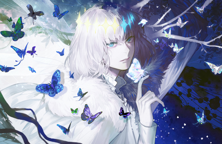 1boy aqua_eyes blue_butterfly branch bug butterfly cloak crown diamond_hairband fairy fate/grand_order fate_(series) fur-trimmed_cloak fur_trim insect_wings looking_at_viewer medium_hair moth oberon_(fate) oberon_(third_ascension)_(fate) shirt tooaya white_hair white_shirt wings