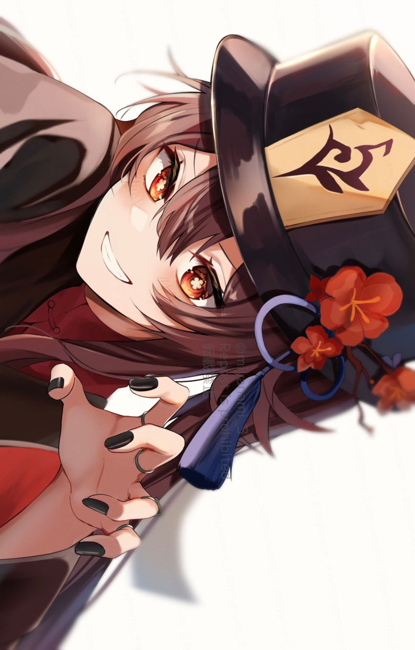 1girl artist_name black_headwear black_nails blush branch brown_coat brown_hair chinese_clothes coat collared_coat fingernails flower flower-shaped_pupils genshin_impact hair_between_eyes hands_up hat hat_flower hat_ornament hat_ribbon highres hu_tao_(genshin_impact) jewelry long_fingernails long_hair long_sleeves looking_at_viewer mandarin_collar nail_polish noizu_(noi_hr) purple_ribbon red_eyes red_flower red_shirt ribbon ring shirt sidelocks simple_background smile solo symbol-shaped_pupils tassel tassel_hat_ornament teeth twintails upper_body watermark white_background wide_sleeves wing_collar