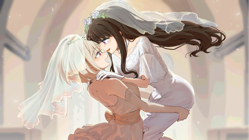 2girls absurdres black_hair blonde_hair blurry blurry_background blush bridal_veil carrying carrying_person commentary_request crying dress elbow_gloves flower gloves hair_flower hair_ornament hands_on_another's_shoulders highres indoors inoue_takina jewelry long_hair lycoris_recoil multiple_girls nishikigi_chisato open_mouth ring short_hair smile strapless strapless_dress tears veil violet_eyes wedding_dress wedding_ring white_gloves wife_and_wife ying_(suetmo) yuri
