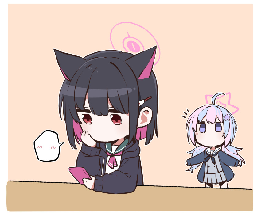 2girls absurdres ahoge animal_ears b.t._(boob_tong) black_coat black_hair black_jacket blue_archive blunt_bangs cat_ears cat_girl cellphone chibi coat colored_inner_hair commentary_request hair_between_eyes hair_ornament hairclip halo highres holding holding_phone hood hooded_jacket jacket kazusa_(blue_archive) long_hair looking_at_another low_twintails multicolored_hair multiple_girls open_clothes open_coat open_jacket phone pleated_skirt red_eyes reisa_(blue_archive) school_uniform serafuku short_hair sidelocks simple_background skirt smartphone spoken_expression star_(symbol) star_hair_ornament twintails two-tone_hair violet_eyes