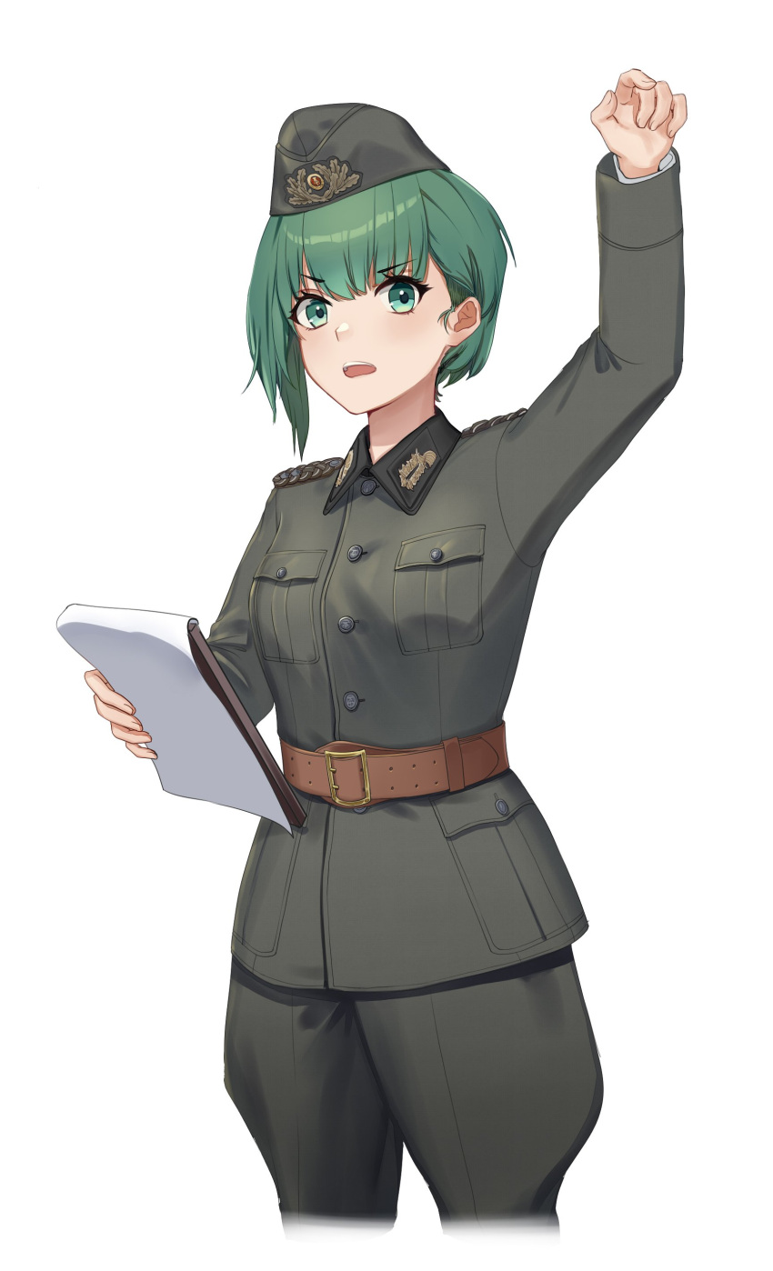 1girl absurdres arm_up belt belt_buckle breasts brown_belt buckle clipboard cropped_legs garrison_cap green_eyes green_hair grey_headwear grey_jacket grey_pants hat highres holding jacket long_sleeves looking_at_viewer military military_hat military_jacket military_uniform open_mouth original pants simple_background small_breasts solo tuzik10 uniform white_background