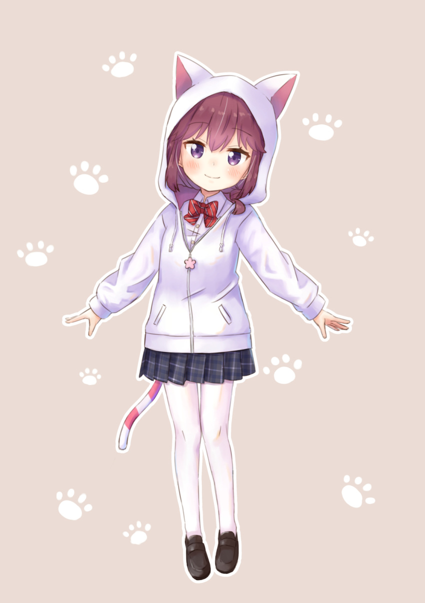 1girl animal_ears blush bow bowtie breasts brown_background brown_hair cat_ears cat_tail closed_mouth fake_animal_ears fake_tail full_body highres jacket kuramoto_takato looking_at_viewer machikado_mazoku miniskirt simple_background skirt small_breasts smile solo tail thigh-highs violet_eyes white_thighhighs yoshida_ryouko