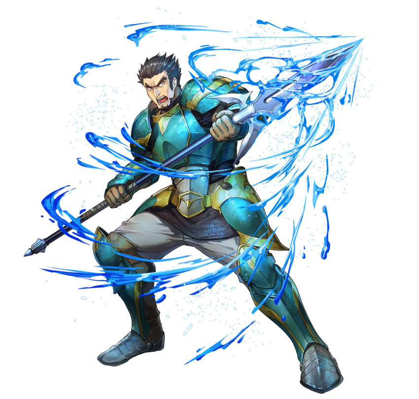 1boy armor beard black_eyes black_hair chainmail dai-xt facial_hair fire_emblem fire_emblem:_the_sacred_stones fire_emblem_heroes gilliam_(fire_emblem) holding holding_polearm holding_weapon leg_armor official_art open_mouth pants polearm raised_eyebrows shoulder_armor solo teeth v-shaped_eyebrows weapon white_background