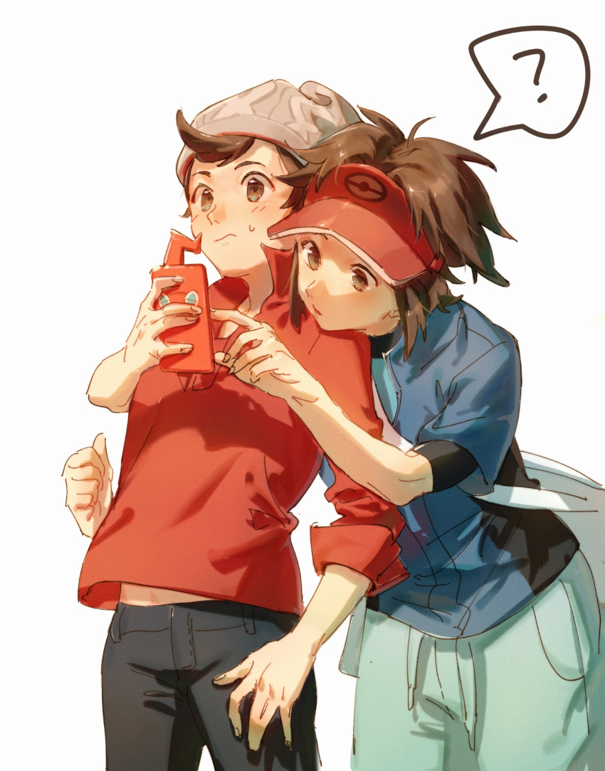 2boys ? absurdres bag beanie blue_jacket bodysuit bodysuit_under_clothes brown_eyes brown_hair cable_knit closed_mouth commentary_request grey_headwear hat highres holding holding_phone jacket male_focus multiple_boys nate_(pokemon) pants phone pokemon pokemon_(game) pokemon_bw2 pokemon_swsh red_headwear red_shirt rotom rotom_phone shirt short_hair simple_background sleeves_rolled_up spoken_question_mark sweatdrop swept_bangs victor_(pokemon) visor_cap white_background zhongmu