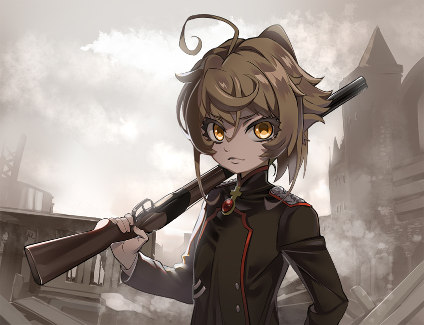 1girl ahoge blonde_hair closed_mouth commentary day expressionless eyelashes green_jacket gun hair_between_eyes holding holding_gun holding_weapon jacket lips long_sleeves looking_at_viewer military military_jacket military_uniform nyoro_(nyoronyoro000) outdoors over_shoulder overcast rifle ruins solo tanya_degurechaff uniform upper_body weapon weapon_over_shoulder weapon_request yellow_eyes youjo_senki