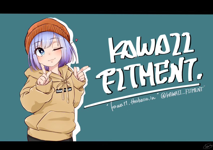 1girl absurdres beanie blue_background blush bright_pupils brown_hoodie copyright_name finger_gun hat heart highres hood hood_down hoodie kawaii_fitment kawaii_fitment-chan letterboxed looking_up one_eye_closed orange_headwear purple_hair short_hair smile solo taka._(user_hvvn8722) upper_body white_pupils