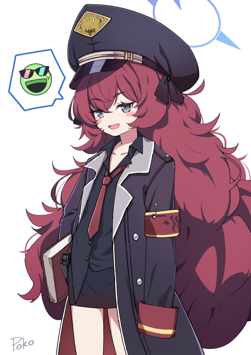 1girl :d absurdres armband black_coat black_skirt blue_archive blush_stickers book coat collarbone collared_shirt commentary_request grey_eyes hair_between_eyes hat highres holding holding_book iroha_(blue_archive) long_hair long_sleeves looking_at_viewer necktie peaked_cap pencil_skirt poko_(user_rjdg5478) redhead school_uniform shirt sidelocks signature simple_background skirt smile solo spoken_expression standing white_background