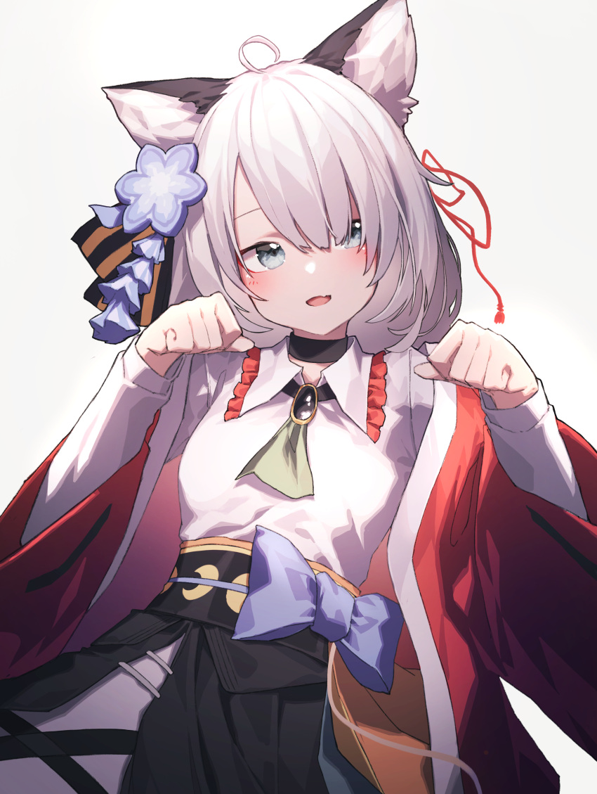 1girl absurdres animal_ears arknights beudelb black_choker black_skirt blue_bow blue_eyes blush bow cat_ears choker cowlick dress fang grey_hair hair_between_eyes hair_ornament hair_ribbon highres japanese_clothes kimono long_hair long_sleeves looking_at_viewer mint_(arknights) mint_(tsukiyoi)_(arknights) open_mouth paw_pose red_kimono ribbon simple_background skin_fang skirt smile solo waist_bow white_background white_dress