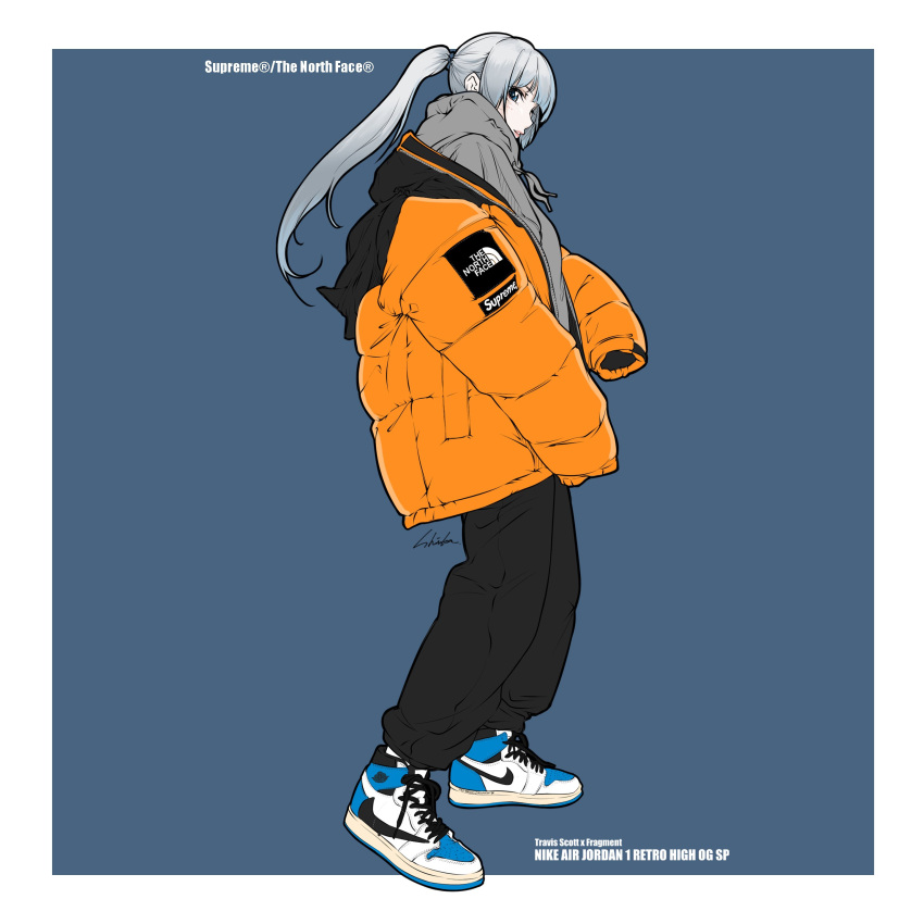 1girl absurdres air_jordan air_jordan_1 bambi_surprise blue_background blue_eyes border company_name down_jacket full_body grey_hair grey_hoodie hair_behind_ear highres hood hood_down hoodie jacket long_hair long_sleeves looking_at_viewer nike orange_jacket original parted_lips ponytail shoes signature simple_background sleeves_past_fingers sleeves_past_wrists sneakers solo streetwear supreme_(brand) the_north_face white_border