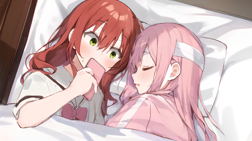 2girls ai-assisted bandaged_head bandages blush bocchi_the_rock! cellphone closed_eyes commentary_request covering_mouth from_side gotou_hitori green_eyes hair_between_eyes head_on_pillow highres holding holding_phone jacket kadohusa_ginpo kita_ikuyo long_hair long_sleeves looking_at_another multiple_girls nose open_mouth phone pink_hair pink_jacket redhead school_uniform shirt smartphone surprised sweatdrop under_covers white_shirt wide-eyed yuri