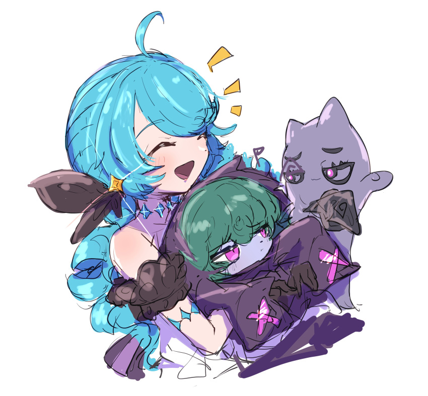 2girls :d absurdres ahoge bare_shoulders black_gloves black_hoodie black_sleeves blush bow brown_bow carrying carrying_person closed_eyes colored_skin cropped_torso from_side gloves green_hair grey_skin gwen_(league_of_legends) hair_bow highres hood hood_up hoodie league_of_legends long_hair monakan_japan multiple_girls notice_lines pink_eyes pout simple_background smile twin_drills twintails vex_(league_of_legends) vex_shadow_(league_of_legends) white_background yordle