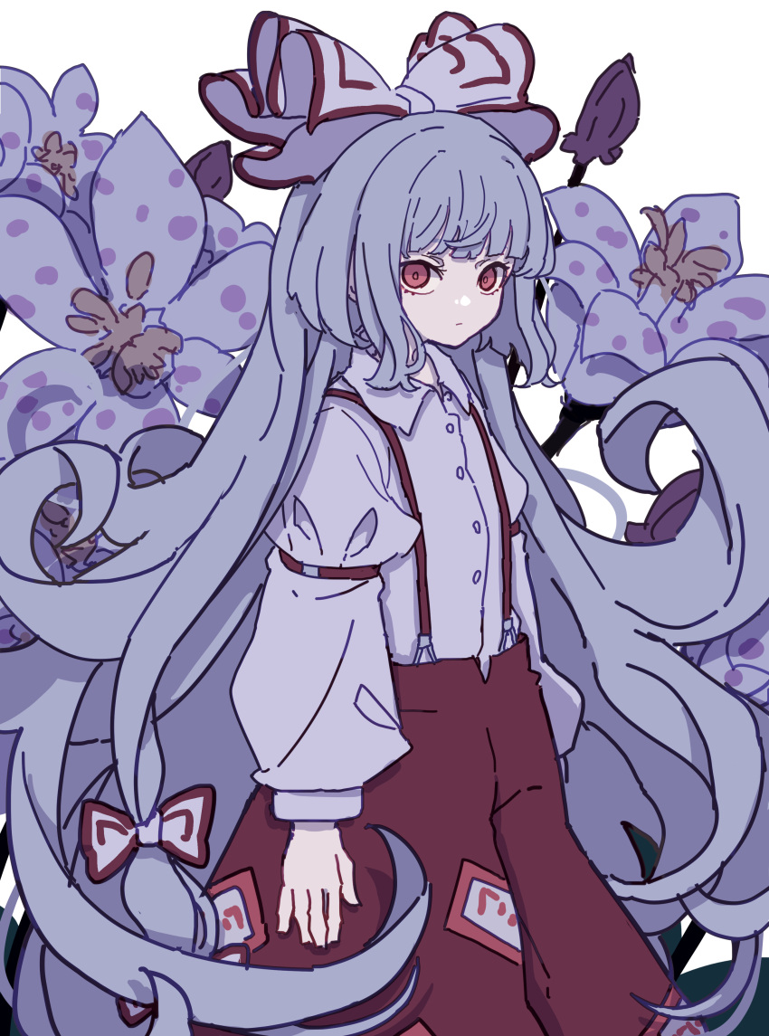 1girl absurdres baggy_pants bow closed_mouth collared_shirt flower fujiwara_no_mokou grey_hair hair_bow highres kame_(kamepan44231) long_hair long_sleeves one-hour_drawing_challenge pants purple_flower red_eyes red_pants shirt sleeve_garter solo suspenders touhou white_background white_bow white_shirt