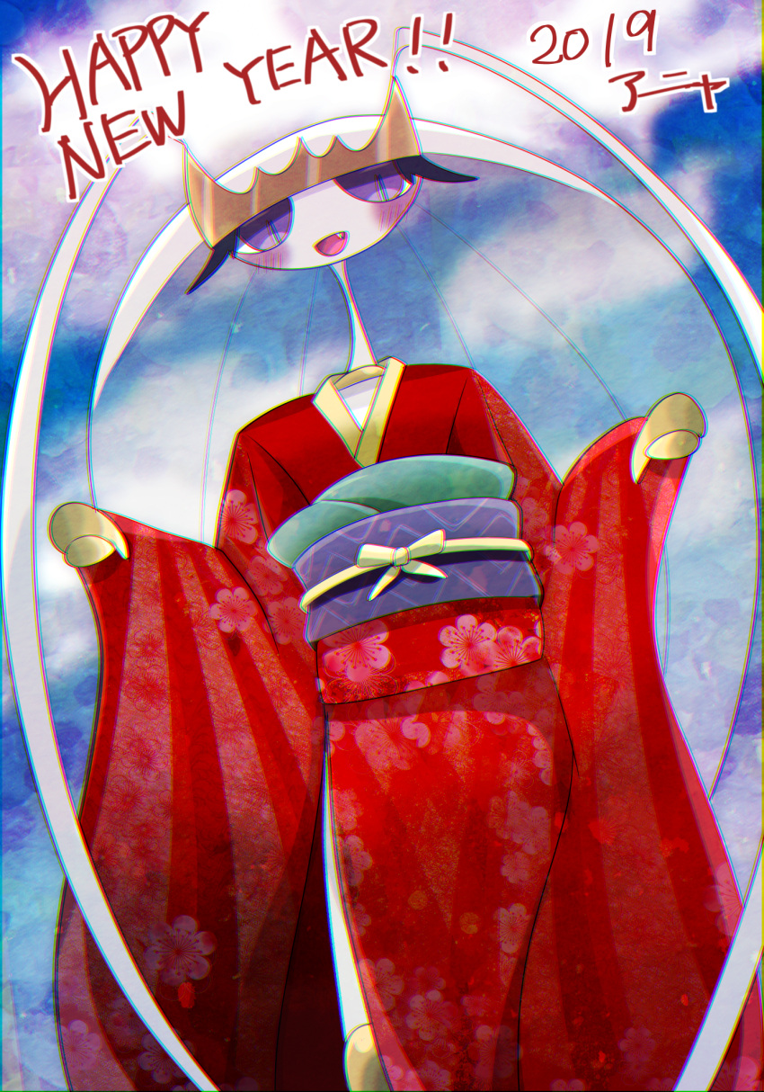 1girl 2019 a-nya animal_hands antennae arthropod_girl artist_name blue_background blue_pupils blue_sky blush chromatic_aberration clothed_pokemon clouds colored_skin commentary_request dated day dutch_angle english_text fang furry furry_female hands_up happy happy_new_year highres japanese_clothes kimono long_hair long_sleeves looking_at_viewer new_year obi open_mouth outdoors partial_commentary pheromosa pokemon pokemon_(creature) red_kimono sash side_slit signature sky smile solo standing straight-on translucent_hair transparent violet_eyes white_hair white_skin wide_sleeves