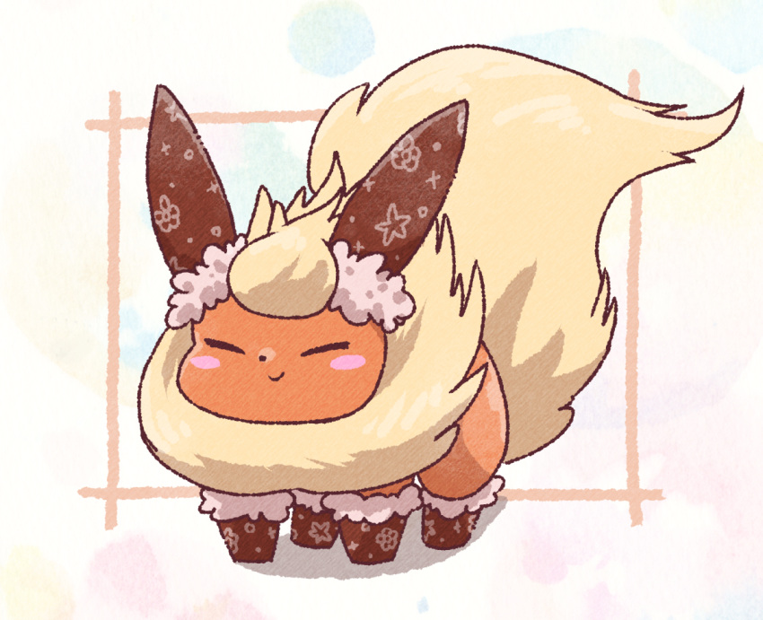 all_fours blush_stickers brown_socks closed_eyes closed_mouth flareon fluffy fur_trim kotobukkii_(yt_lvlv) no_humans pokemon pokemon_(creature) print_socks simple_background smile socks tail