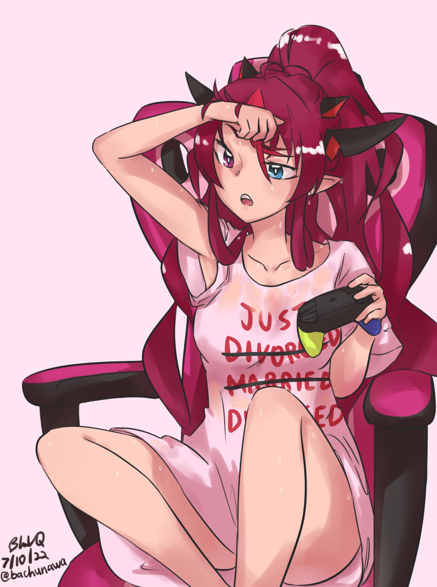 1girl absurdres arm_up armpits bachunawa bare_legs chair collarbone controller dated english_text game_controller gaming_chair heterochromia highres hololive hololive_english horns irys_(hololive) knees_up long_hair looking_down open_mouth pink_background pink_hair ponytail see-through shirt signature simple_background sitting sweat sweaty_clothes swivel_chair t-shirt wiping_forehead wiping_sweat