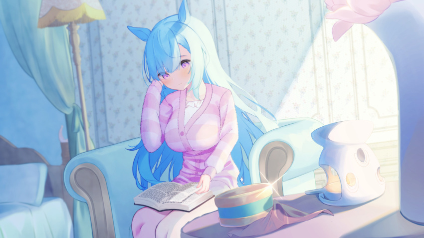 1girl animal_ears armchair bed blue_hair blush book breasts chair closed_mouth commentary_request frilled_shirt frills hand_up horse_ears indoors jacket lamp large_breasts long_hair long_sleeves looking_at_viewer mejiro_ardan_(umamusume) on_chair open_book pillow roido_(taniko-t-1218) shirt solo striped striped_jacket umamusume very_long_hair violet_eyes white_shirt