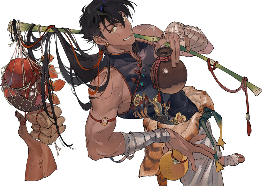 1boy arm_strap arm_wrap atie1225 baggy_pants bamboo bamboo_shoot bindle black_hair bright_pupils brown_eyes chinese_commentary cowboy_shot dark-skinned_male dark_skin foot_wraps grin hands_up highres holding_bamboo_shoot leg_wrap long_hair looking_at_viewer male_focus o-ring o-ring_arm_strap original pants phoenix_print scar scar_on_arm shirt simple_background skin_tight sleeveless sleeveless_shirt smile solo standing tiger_skin toned toned_male very_long_hair white_background