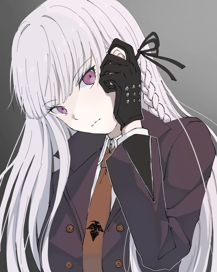 1girl black_gloves black_jacket black_ribbon braid brown_necktie closed_mouth collared_shirt danganronpa:_trigger_happy_havoc danganronpa_(series) gloves gradient_background grey_background grey_hair hair_ribbon hand_in_own_hair hand_up highres jacket kirigiri_kyouko long_hair long_sleeves necktie open_clothes open_jacket pale_skin pink_eyes ribbon shirt side_braid solo upper_body yu_sha_rei