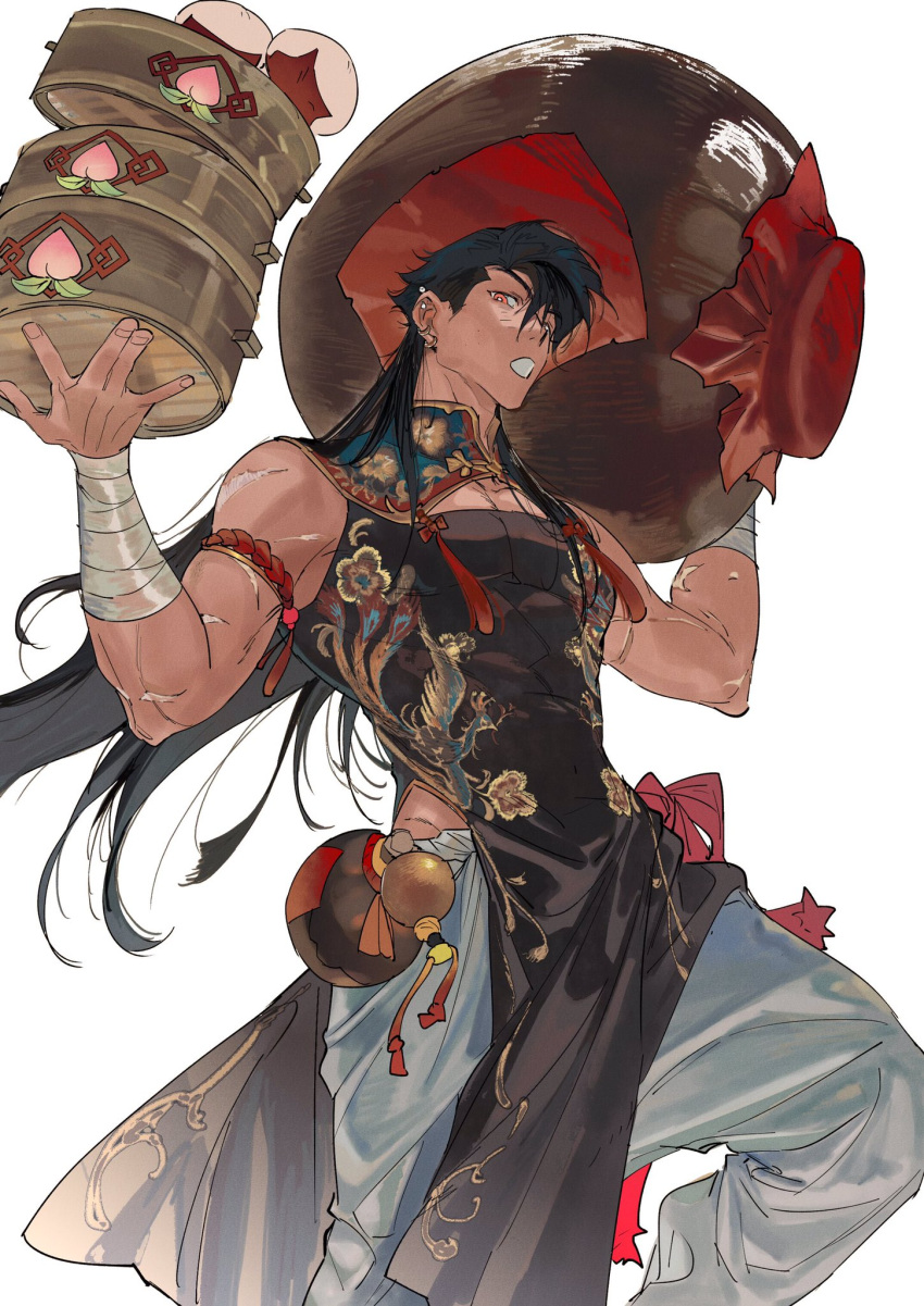 1boy arm_wrap armlet atie1225 baggy_pants bamboo_steamer black_hair bright_pupils changpao chinese_clothes cowboy_shot dark-skinned_male dark_skin dumpling ear_piercing food groin hands_up highres holding holding_vase long_hair looking_at_viewer male_focus mandarin_collar open_mouth original pants pectoral_cleavage pectorals pelvic_curtain piercing red_eyes scar scar_on_arm side_slit simple_background skin_tight sleeveless solo standing toned toned_male vase very_long_hair walking white_background white_pupils