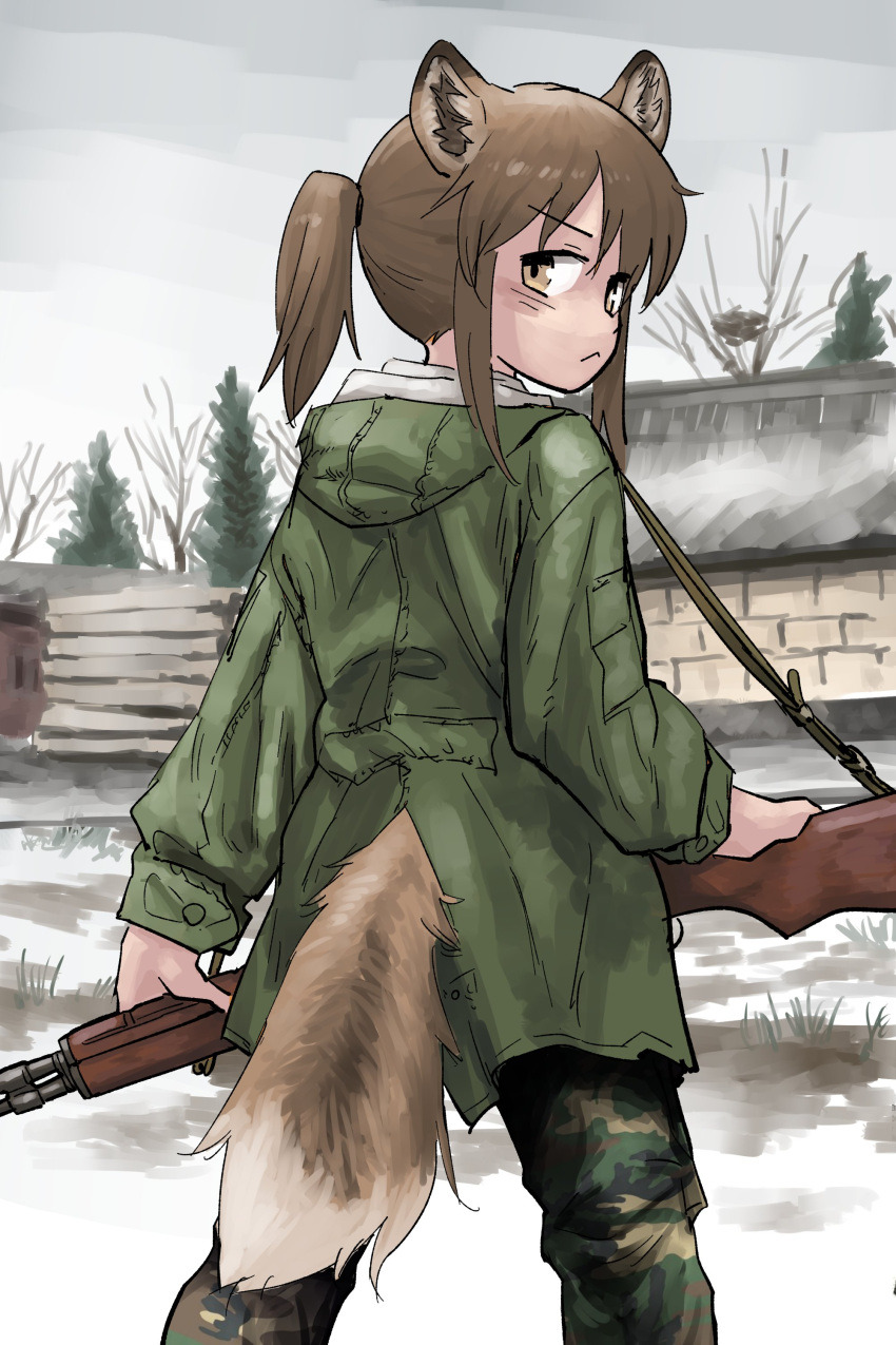 1girl :&lt; absurdres animal_ear_fluff animal_ears bare_tree brown_eyes brown_hair camouflage camouflage_pants closed_mouth commentary_request day green_jacket gun highres holding holding_gun holding_weapon hood hood_down hooded_jacket jacket long_sleeves looking_at_viewer looking_back m14 original outdoors pants ponytail rifle skirt snow solo standing tail tail_through_clothes tree weapon yihan_world