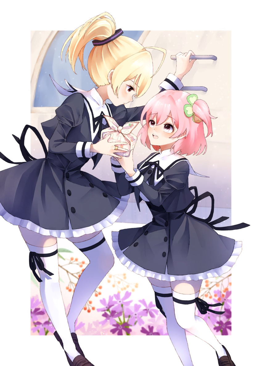 2girls amahara_nue andou_tazusa arm_up assault_lily black_ribbon black_skirt blonde_hair blush border brown_footwear buttons closed_mouth clover_hair_ornament commentary cropped_jacket eye_contact feet_out_of_frame floral_background flower four-leaf_clover_hair_ornament frilled_skirt frills furoshiki giving hair_between_eyes hair_ornament hair_ribbon hand_up hands_up heel_up high-waist_skirt highres hitotsuyanagi_riri holding_bento jewelry juliet_sleeves ladder leg_ribbon loafers long_sleeves looking_at_another looking_down looking_up miniskirt multiple_girls one_side_up open_mouth outside_border pink_eyes ponytail profile puffy_sleeves purple_flower purple_ribbon red_flower ribbon ring school_uniform shirt shoes short_hair skirt standing striped striped_ribbon symbol-only_commentary teeth thigh-highs thigh_ribbon upper_teeth_only white_border white_shirt white_thighhighs wrapped_bento yurigaoka_girls_academy_school_uniform zettai_ryouiki