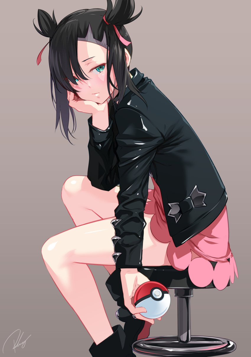 1girl asymmetrical_bangs black_footwear black_hair black_jacket boots brown_background closed_mouth commentary dress elbow_rest green_eyes grey_background hair_ribbon highres holding holding_poke_ball jacket legs long_sleeves looking_at_viewer marnie_(pokemon) medium_hair pink_dress pink_ribbon poke_ball poke_ball_(basic) pokemon pokemon_(game) pokemon_swsh re_lucy revision ribbon signature sitting solo stool thighs twintails undercut
