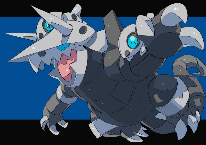 45_(maruyaki45) absurdres aggron aron black_background black_eyes blue_background blue_sclera claws colored_sclera fangs full_body hands_up highres horns looking_ahead looking_at_viewer on_head open_mouth pokemon pokemon_(creature) pokemon_on_arm pokemon_on_head skin_fangs tail tongue