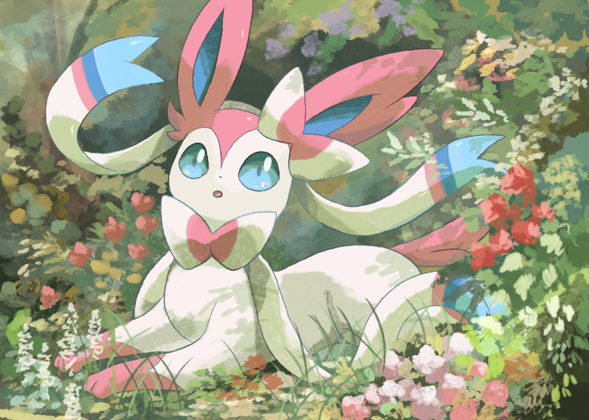 blue_eyes flower garden grass highres looking_up lying no_humans on_grass on_stomach outdoors parted_lips pokemon pokemon_(creature) shade solo sylveon volpecorvo