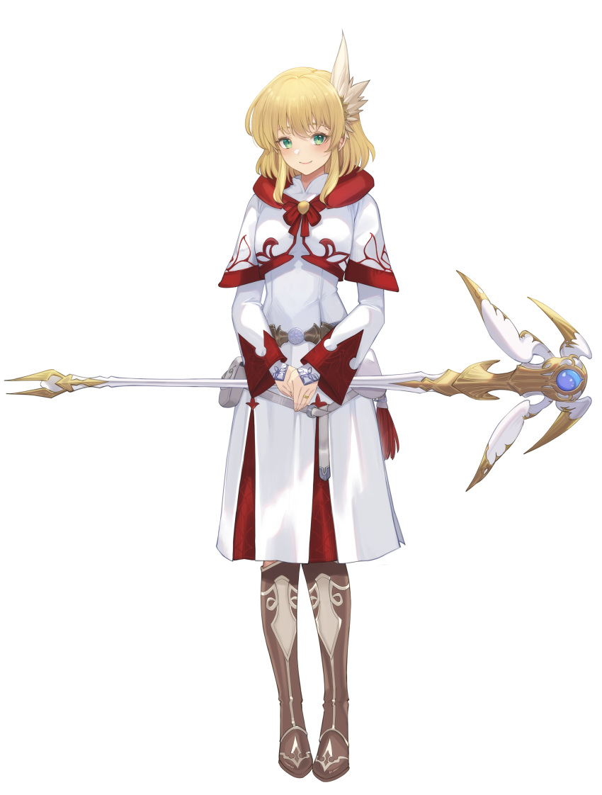 1girl absurdres blonde_hair blush cosplay final_fantasy final_fantasy_xiv fire_emblem fire_emblem:_genealogy_of_the_holy_war fire_emblem:_thracia_776 green_eyes highres hood long_sleeves looking_at_viewer nanna_(fire_emblem) ritence robe short_hair simple_background smile solo staff thigh-highs white_background white_mage white_mage_(cosplay) white_robe wing_hair_ornament