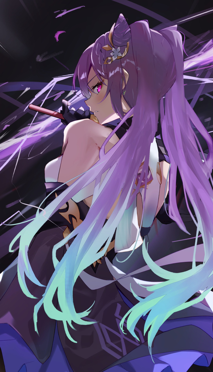 absurdres bare_shoulders blue_eyes double_bun dress earrings genshin_impact gloves hair_bun hair_ornament highres holding holding_sword holding_weapon jewelry keqing_(genshin_impact) looking_at_viewer multicolored_hair purple_hair sword twintails two-tone_hair violet_eyes wannu6030 weapon