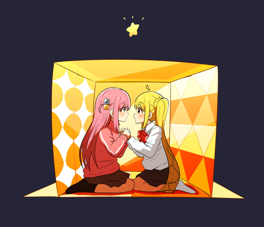 2girls absurdres blonde_hair blue_eyes blush bocchi_the_rock! brown_eyes commentary_request cube_hair_ornament eye_contact gotou_hitori hair_ornament highres ijichi_nijika long_hair looking_at_another multiple_girls pink_hair very_long_hair yabunoki yuri