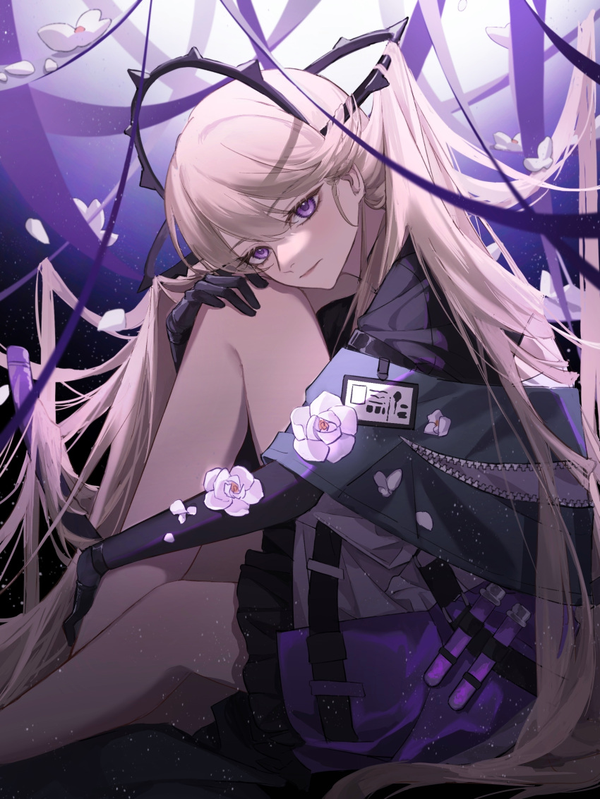 1girl absurdres arknights bare_legs black_gloves black_skirt blonde_hair chinese_commentary closed_mouth commentary_request elbow_gloves expressionless feet_out_of_frame flower from_side gloves hair_ornament hand_on_own_knee highres id_card indigo_(arknights) jacket lips long_hair looking_at_viewer looking_to_the_side multicolored_clothes multicolored_jacket purple_jacket skirt two-tone_jacket very_long_hair vial violet_eyes weimeizi white_flower white_jacket zipper